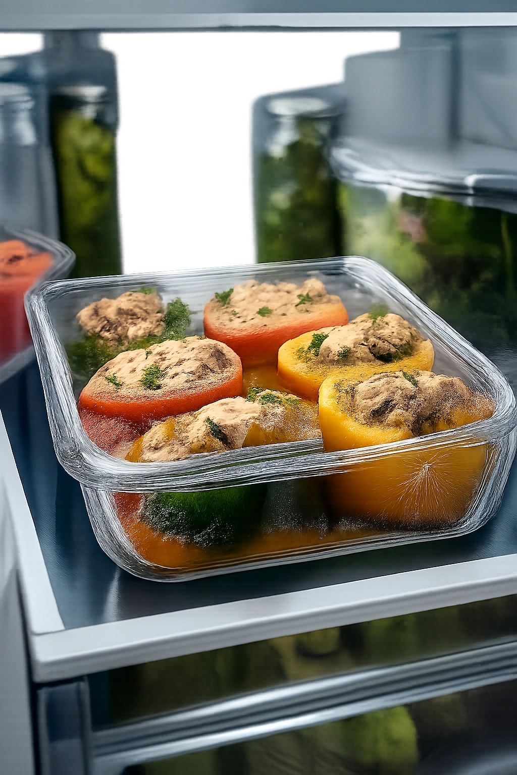 Glass baking dish covered with plastic wrap in a fridge showing make-ahead storage for stuffed peppers