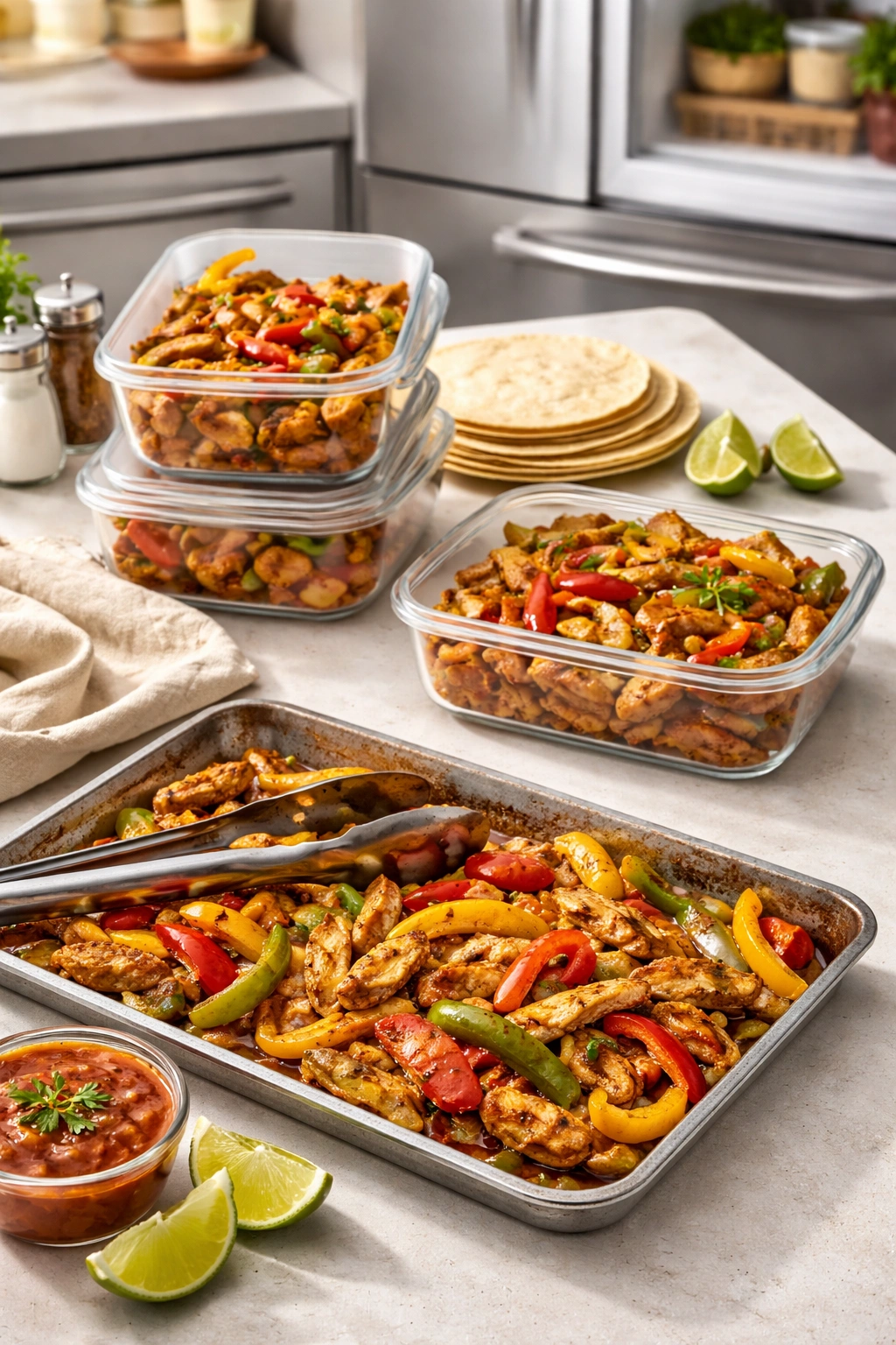 Storage containers and fajitas on a countertop suggesting make-ahead prep