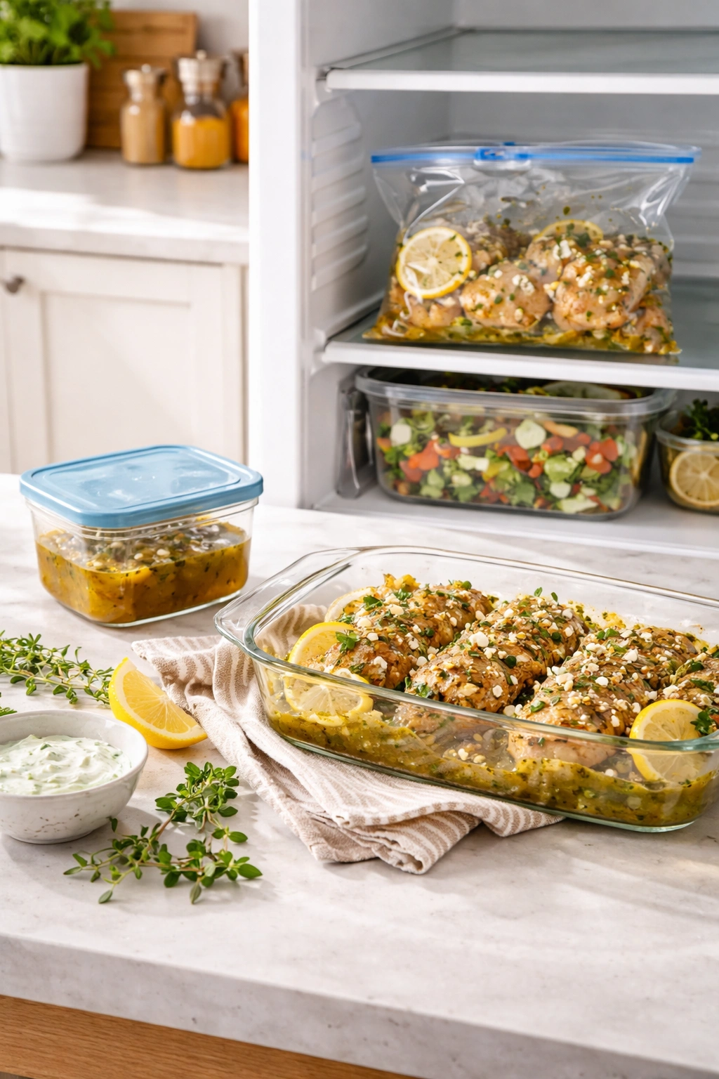 Marinating chicken in a bag inside fridge and reheating setup in kitchen