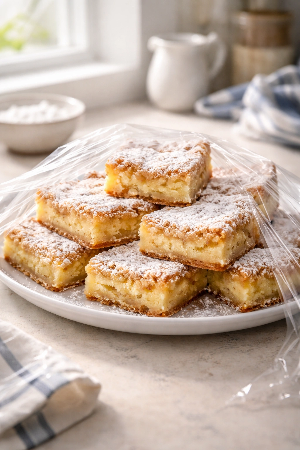 Gooey butter cake stored at room temperature with plastic wrap on a plate