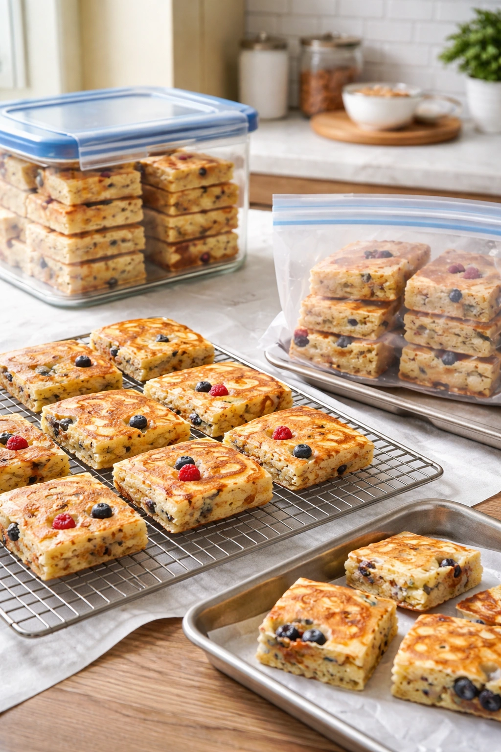 Pancakes cooling on a rack beside airtight storage container