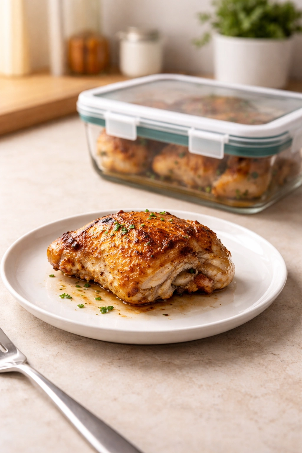 Roasted chicken thigh with storage container suggesting make-ahead and reheating