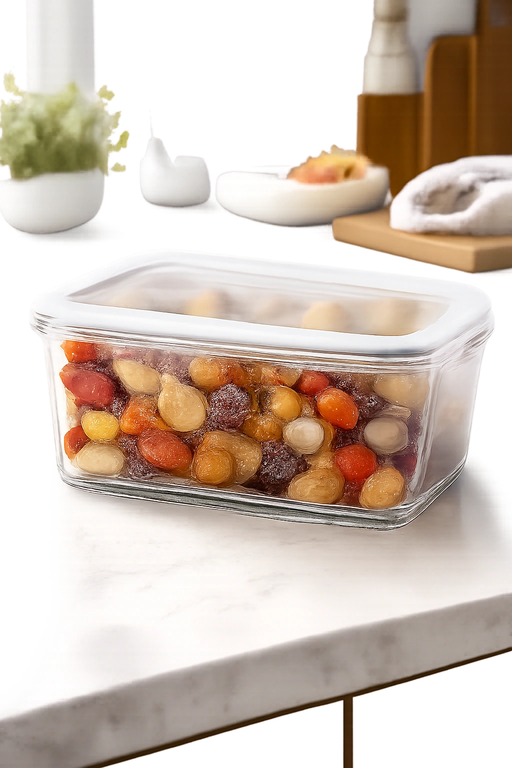 A container of roasted root vegetables stored for later use