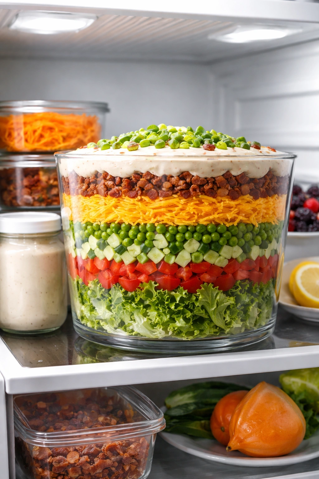 Layered salad in a clear container inside a refrigerator