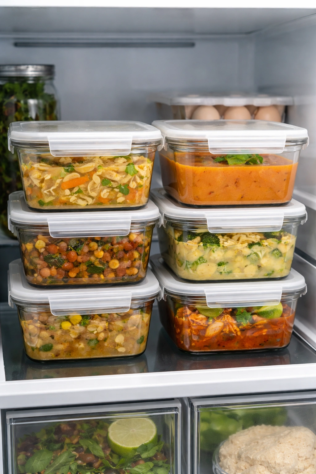 Glass containers of soup stored in fridge shelves