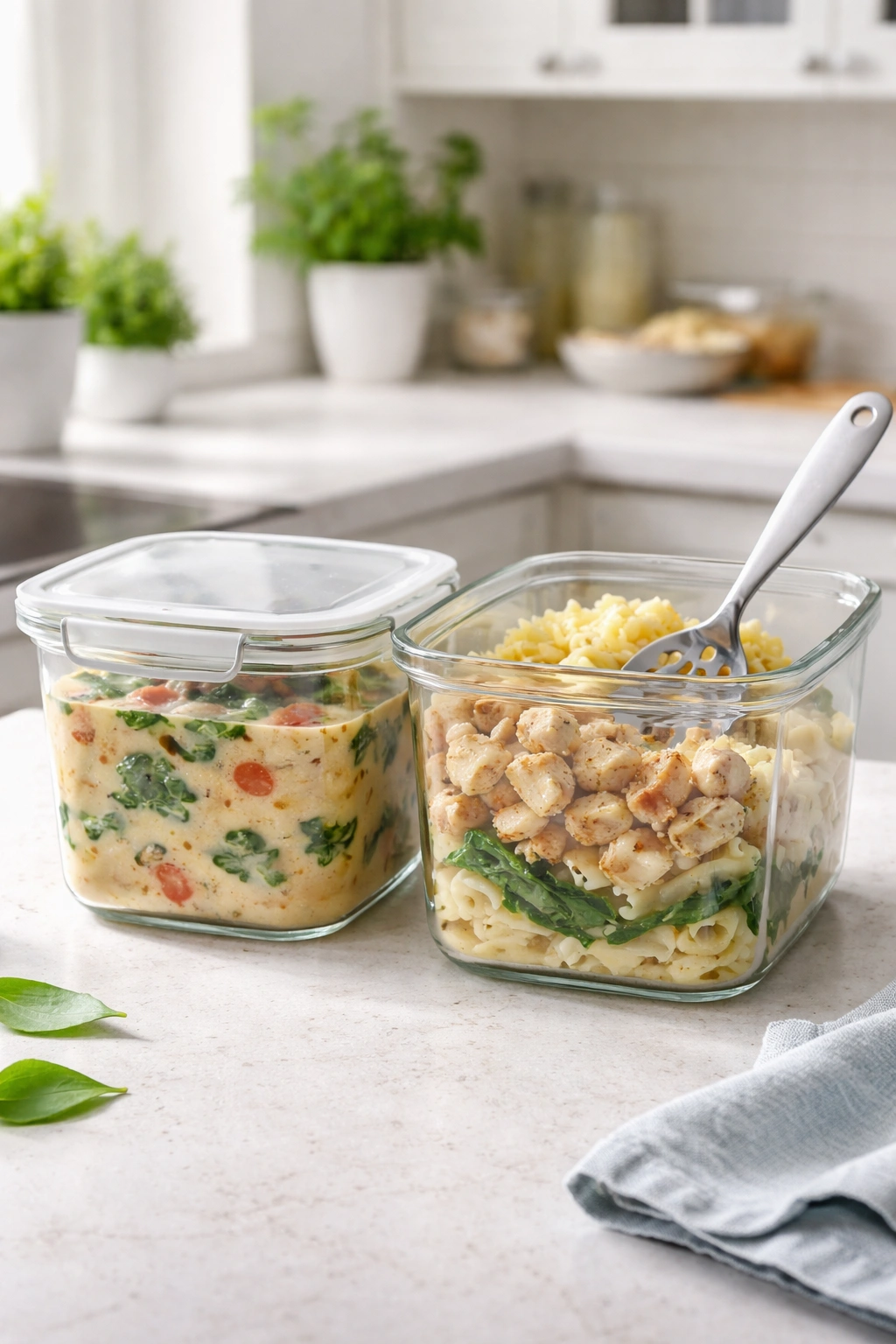Two clear glass containers with separated broth and pasta with chicken in a bright kitchen