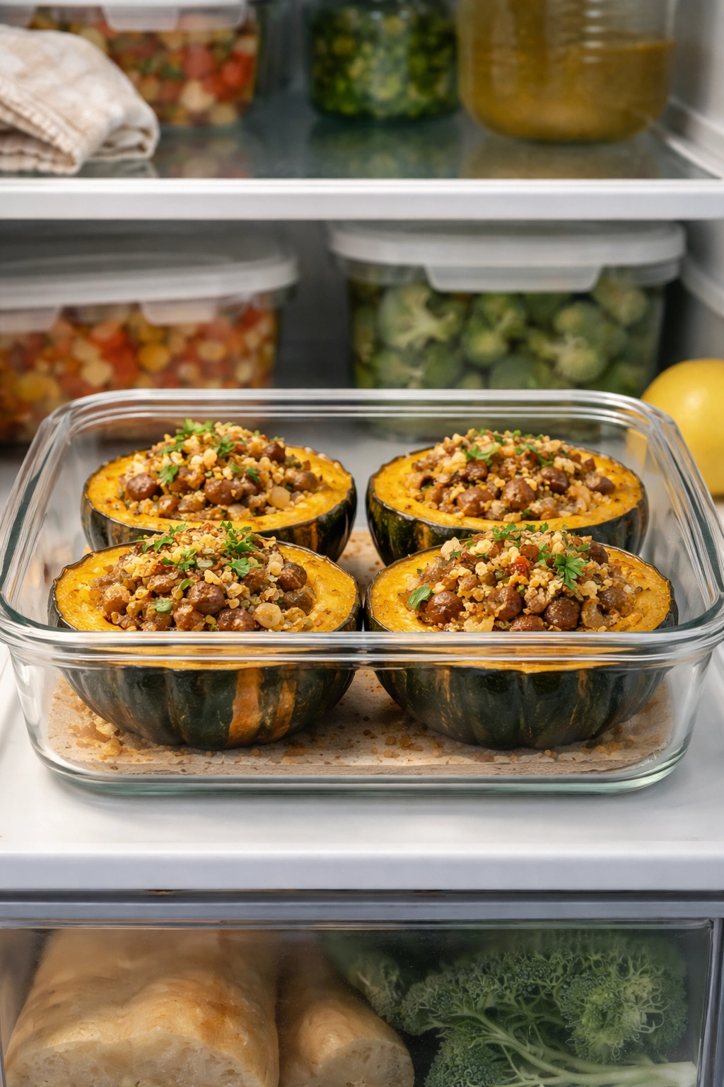 Stuffed acorn squash stored in an airtight container in the fridge