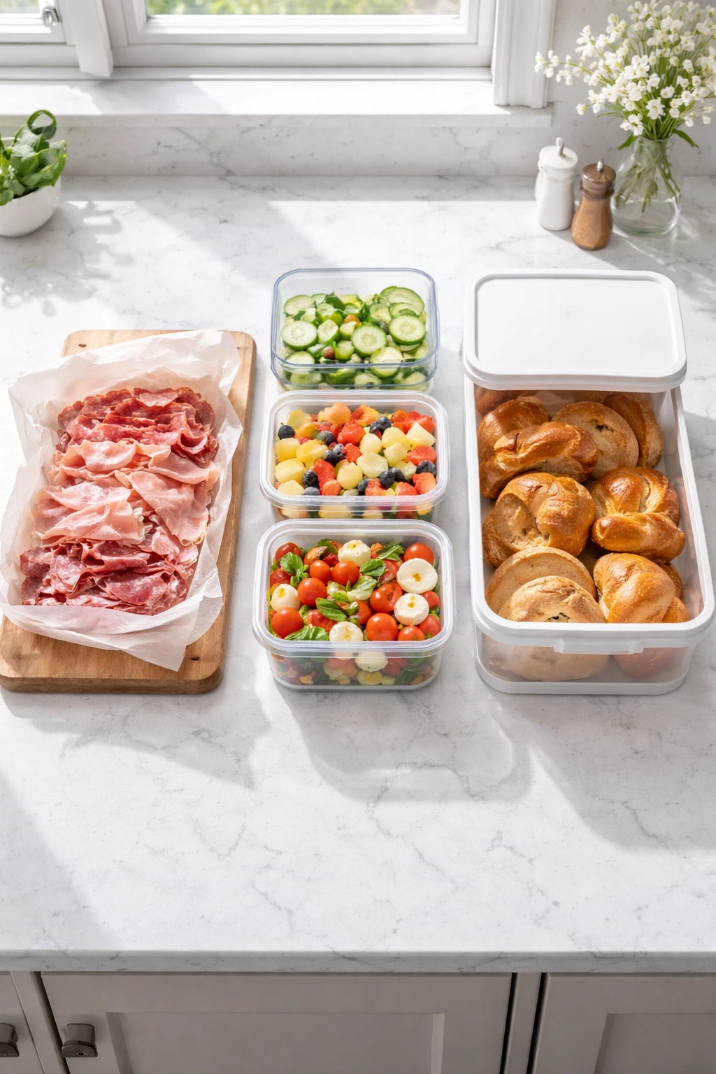 Top-down view of a clean kitchen counter with parchment-wrapped meats, containers of prepped vegetables, and bread for a make-ahead brunch