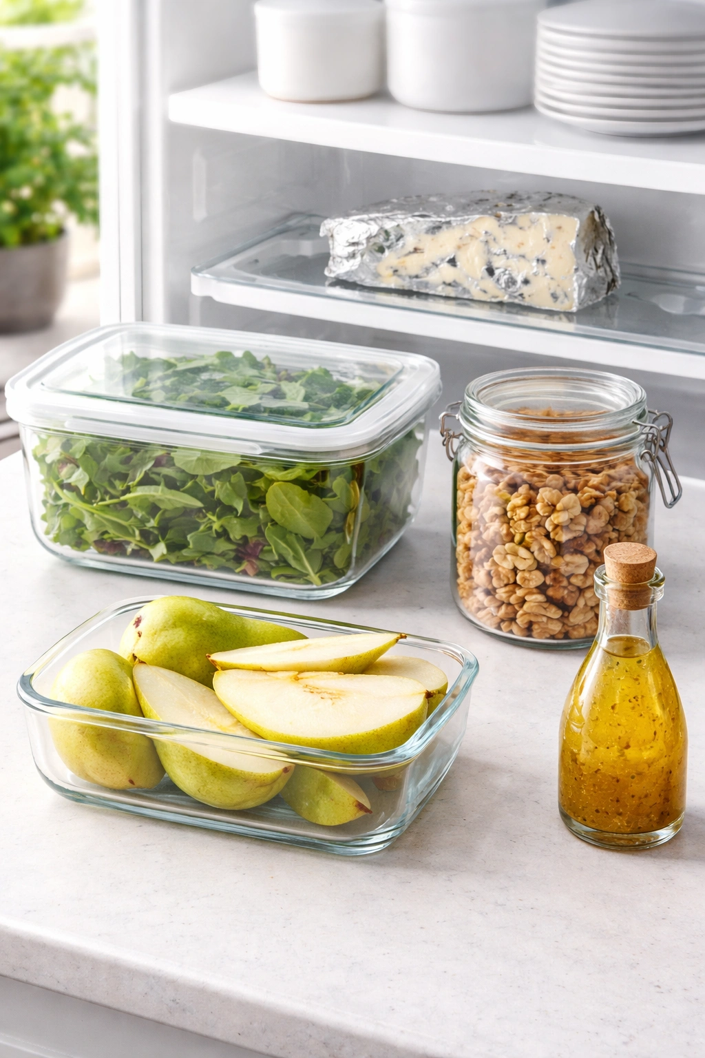 Storage layout for greens, cheese, walnuts, pears, and vinaigrette.