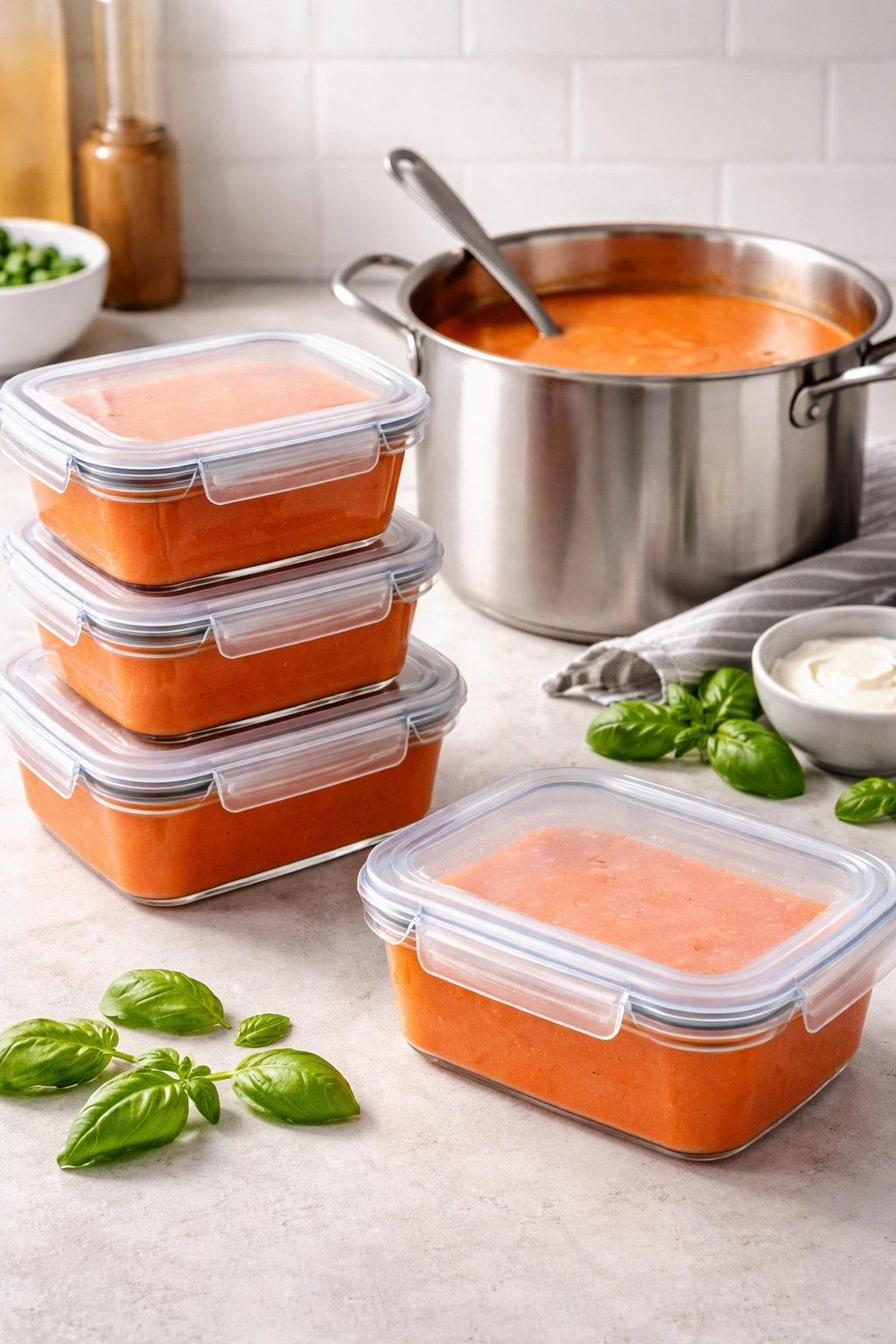 Assorted glass jars and a pot representing make-ahead and storage of soup