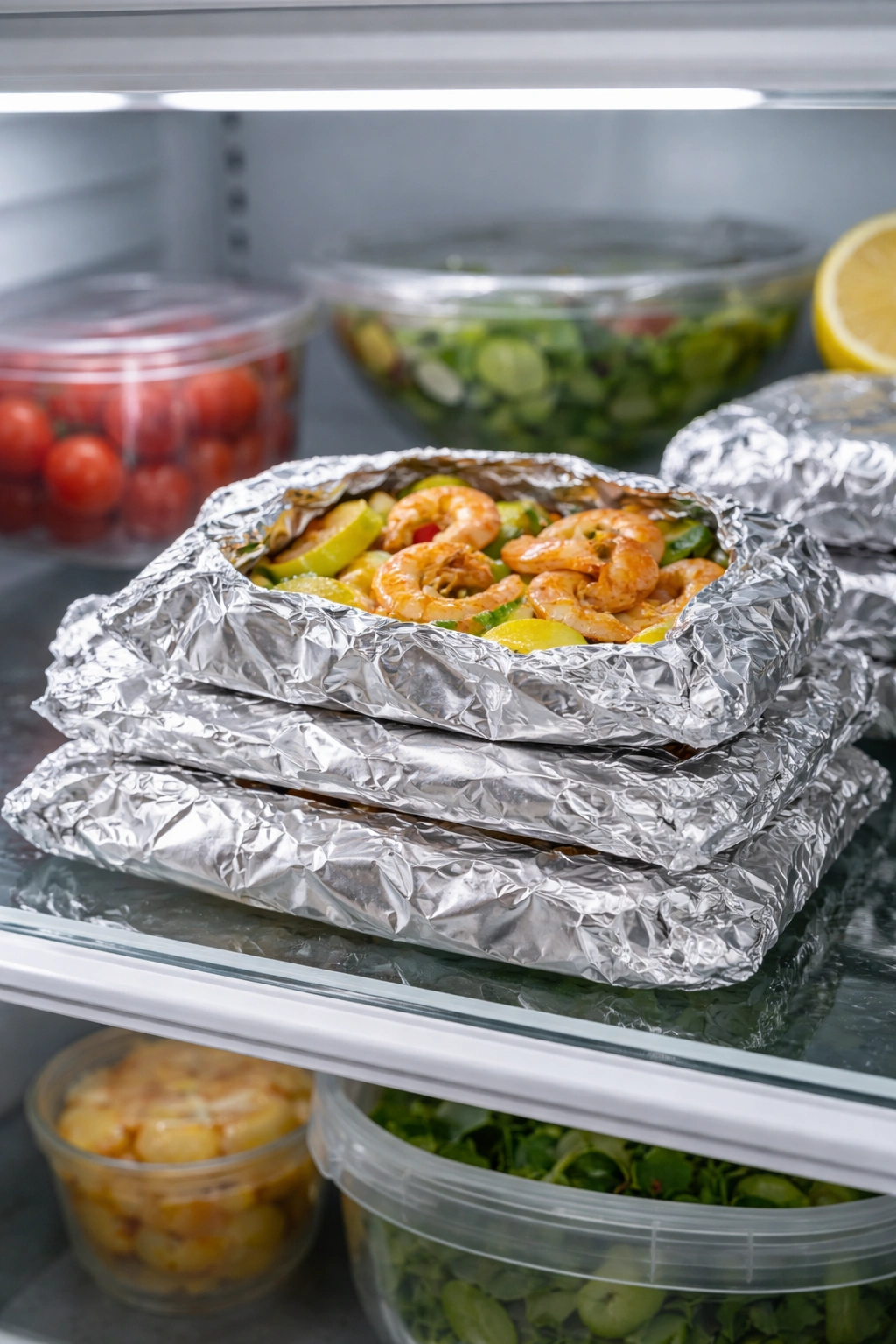 Foil packet stored on a refrigerator shelf for make-ahead meal planning