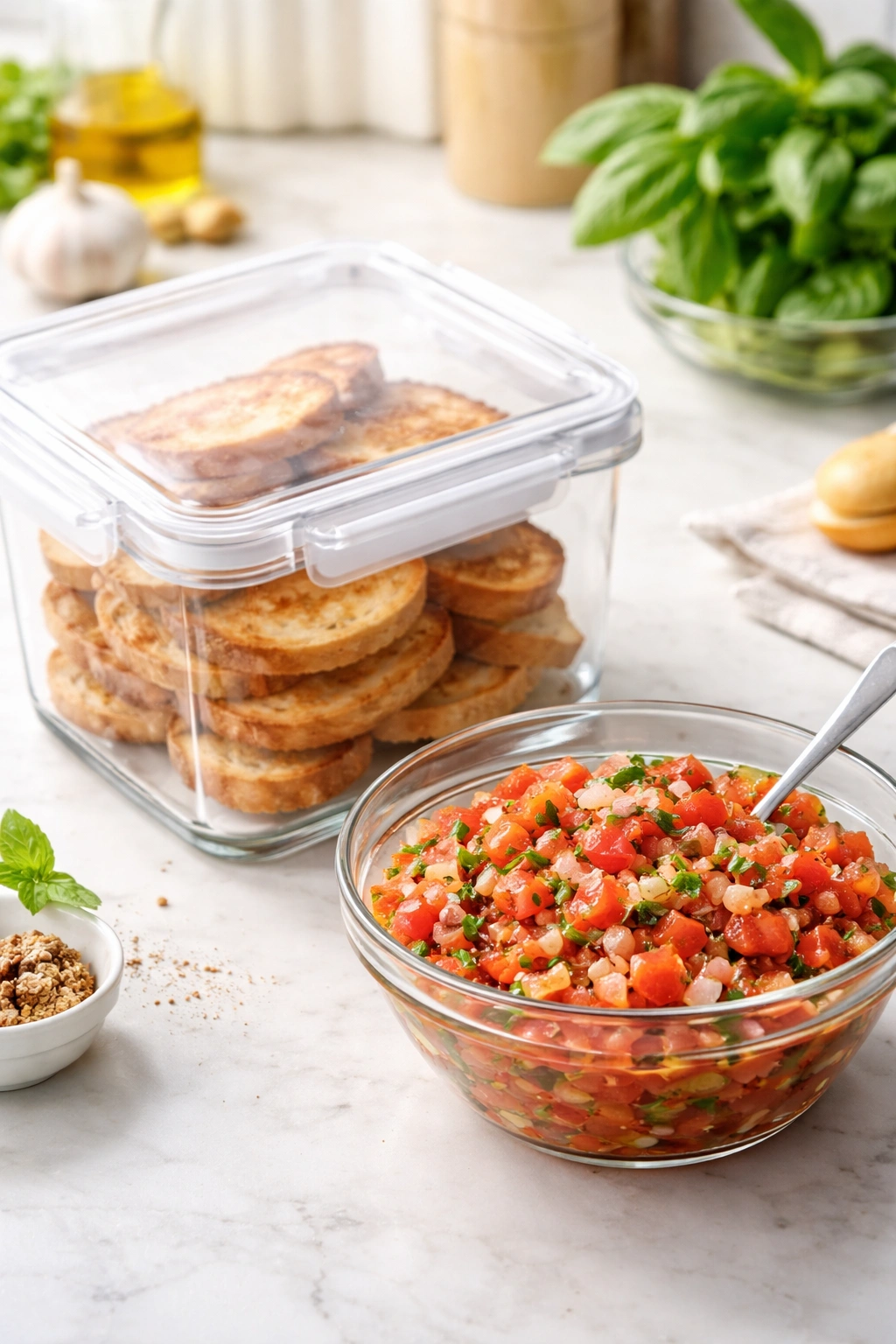 Stack of toasted bread slices in a container with tomato topping on the counter