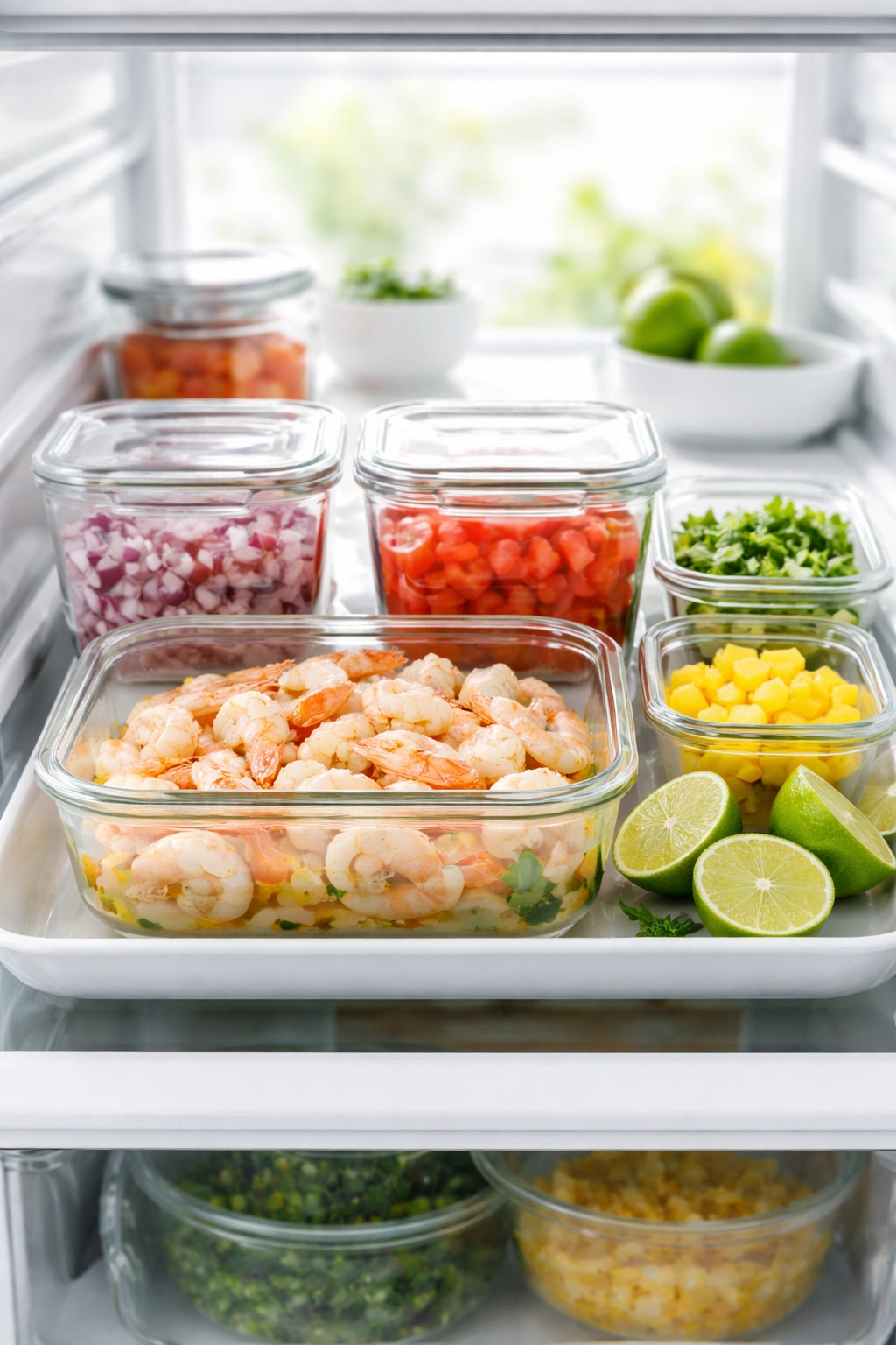 A clean kitchen setup showing organized containers and shrimp separate from citrus for make-ahead ceviche