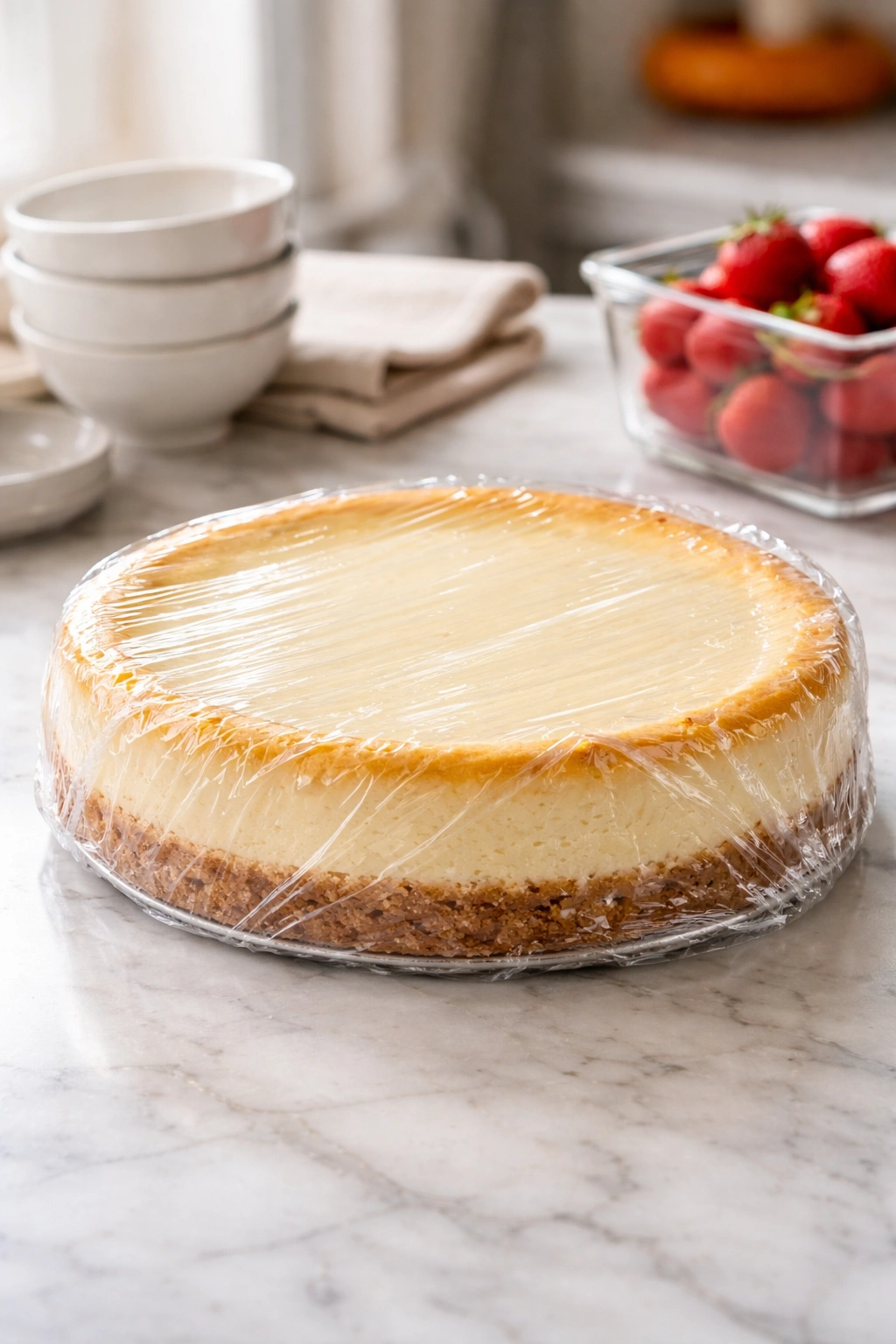 Cheesecake wrapped in plastic wrap for storage