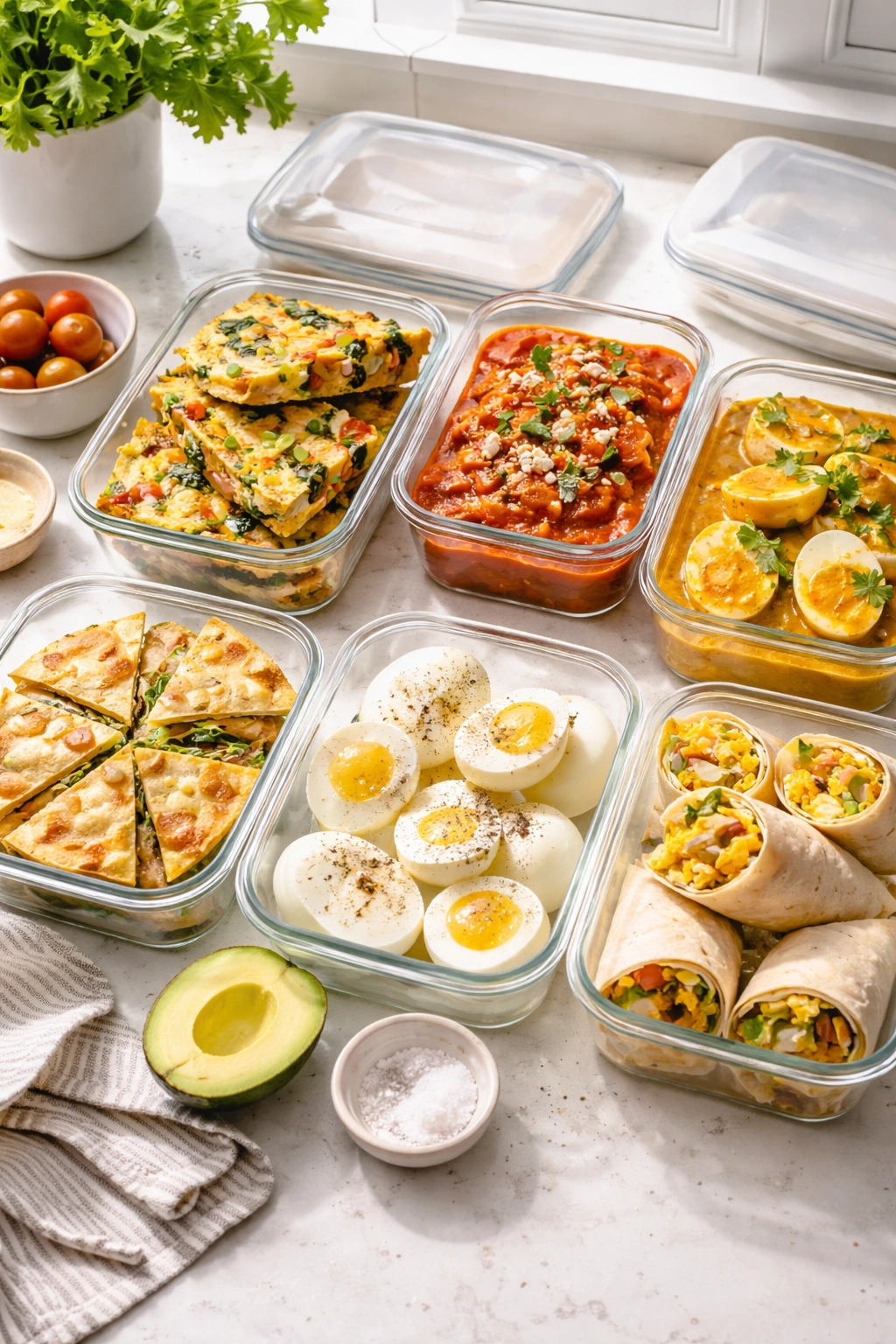 Glass containers with frittata slices for make-ahead breakfasts