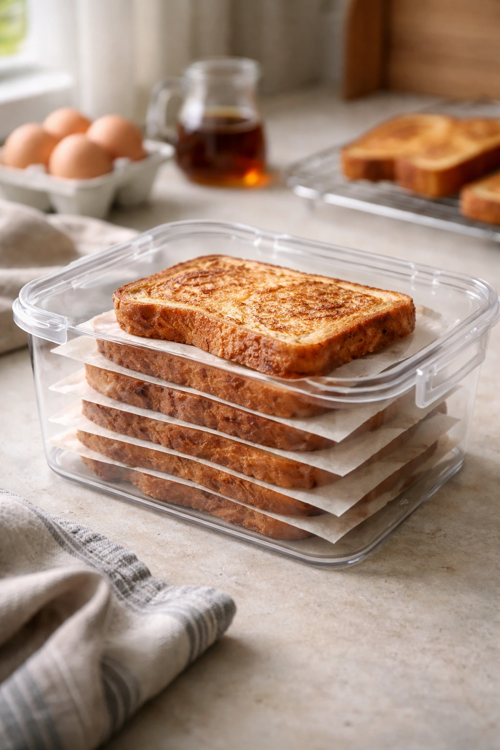 Stack of cooled French toast slices in airtight container