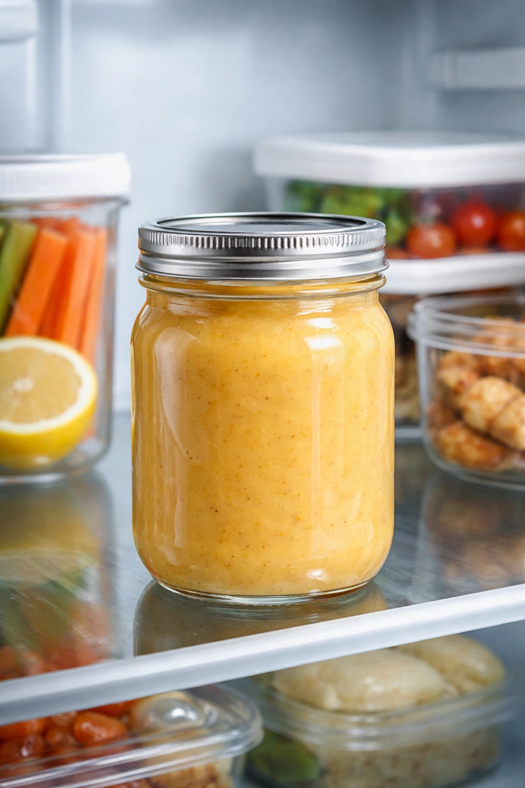 Glass jar of glossy sauce on a fridge shelf with condensation