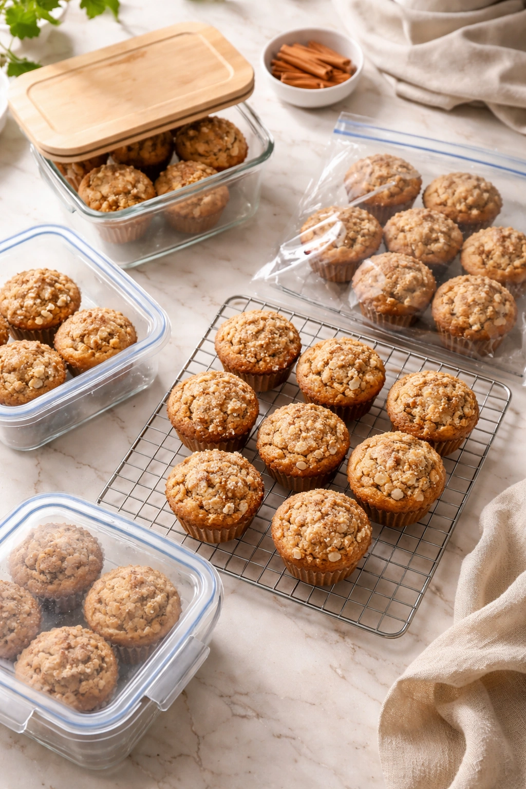 Muffins cooling on a rack with containers and a freezer bag in a kitchen