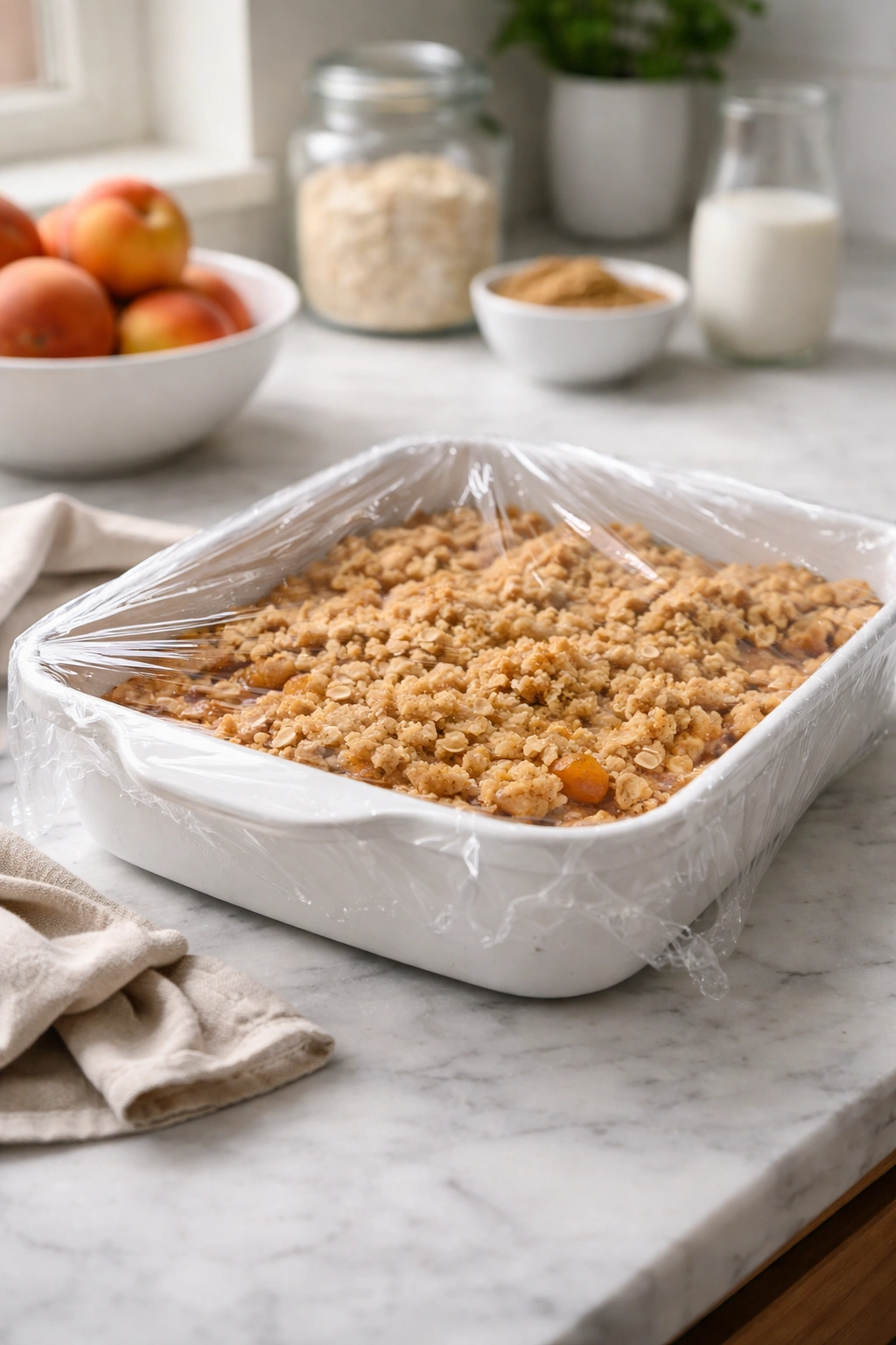 Baking dish with crumble topping covered for storage