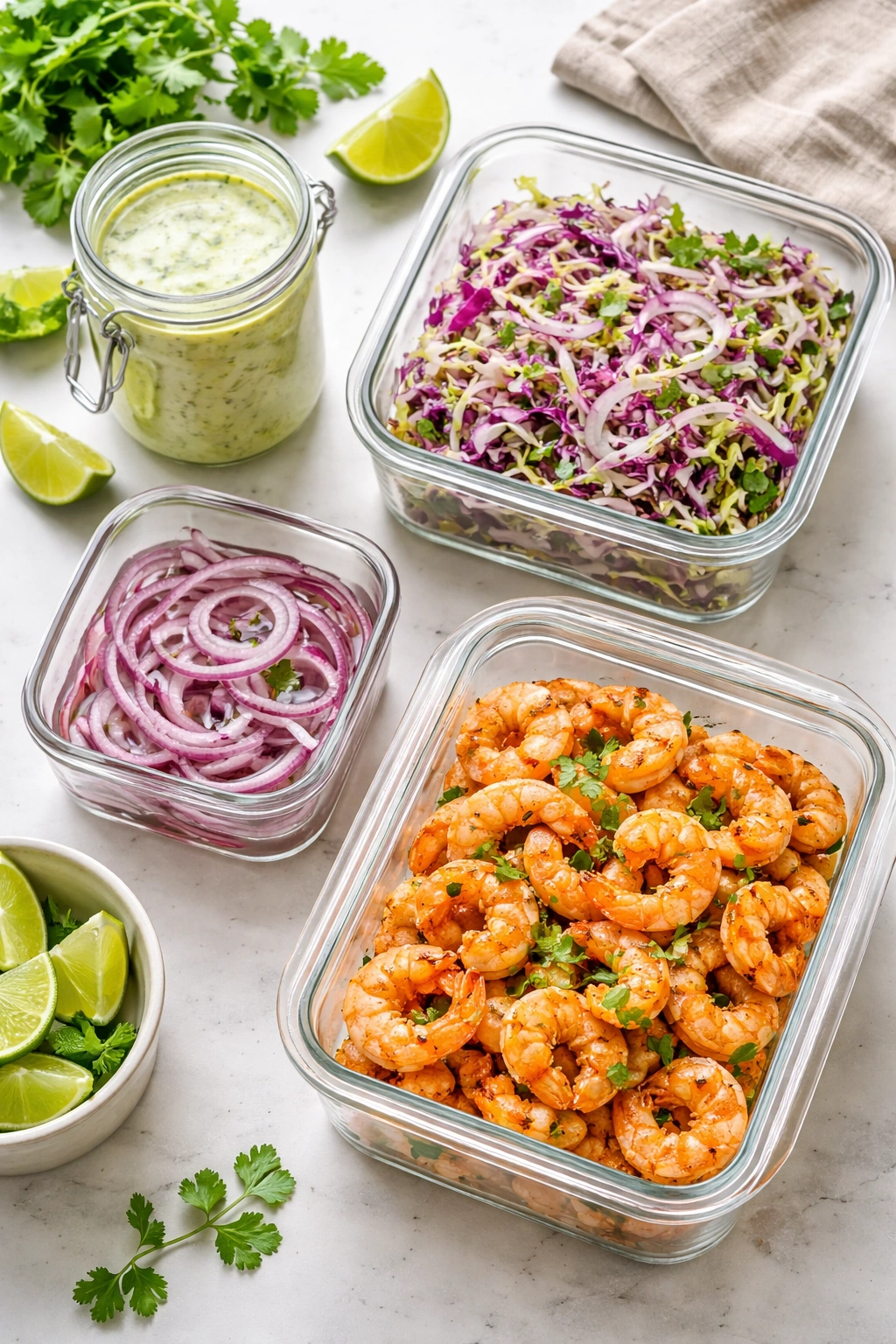 Organized prep station with cilantro-lime sauce, cabbage, onions, and cooked shrimp in storage containers