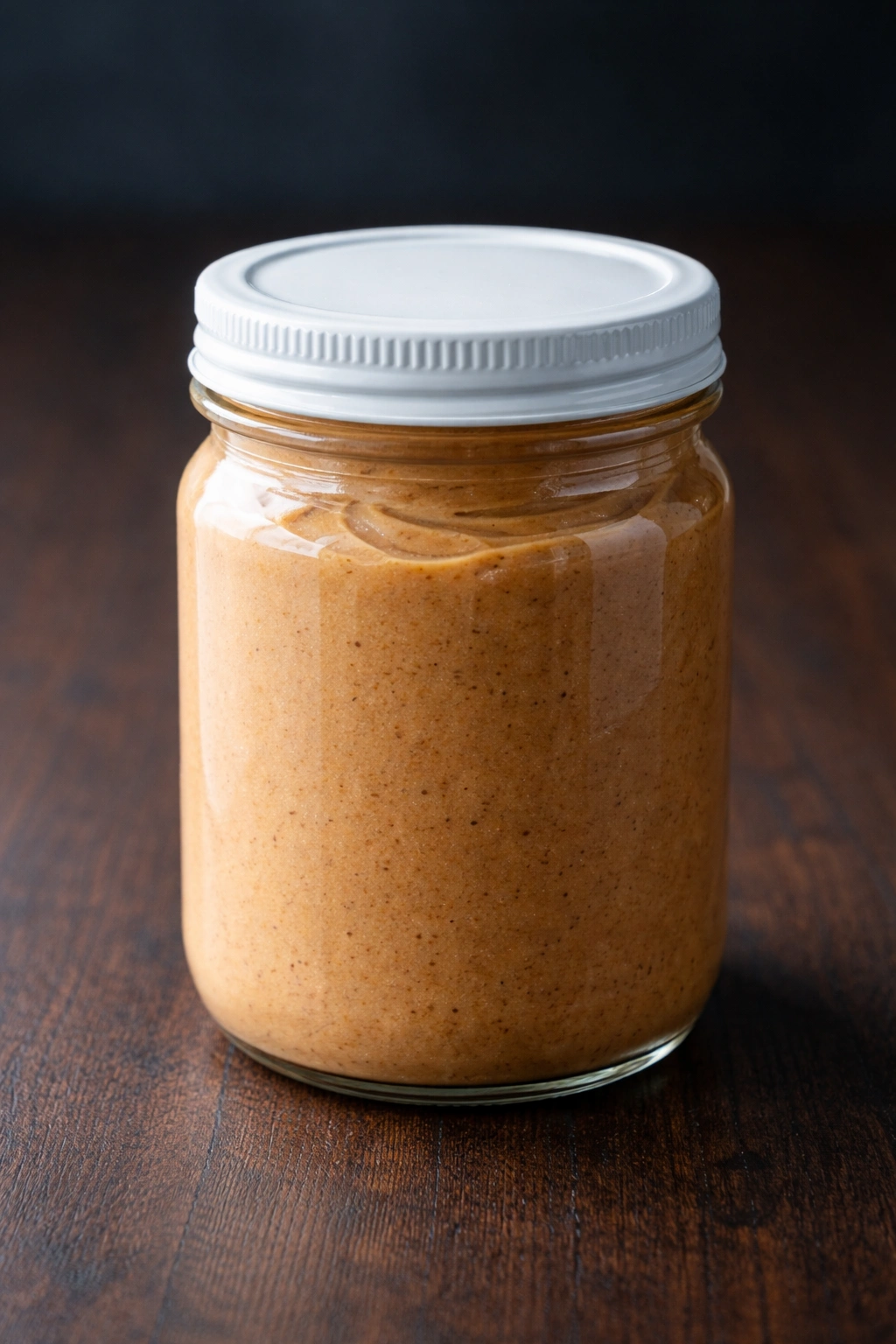Nut butter in a jar on dark wood surface, storage-oriented