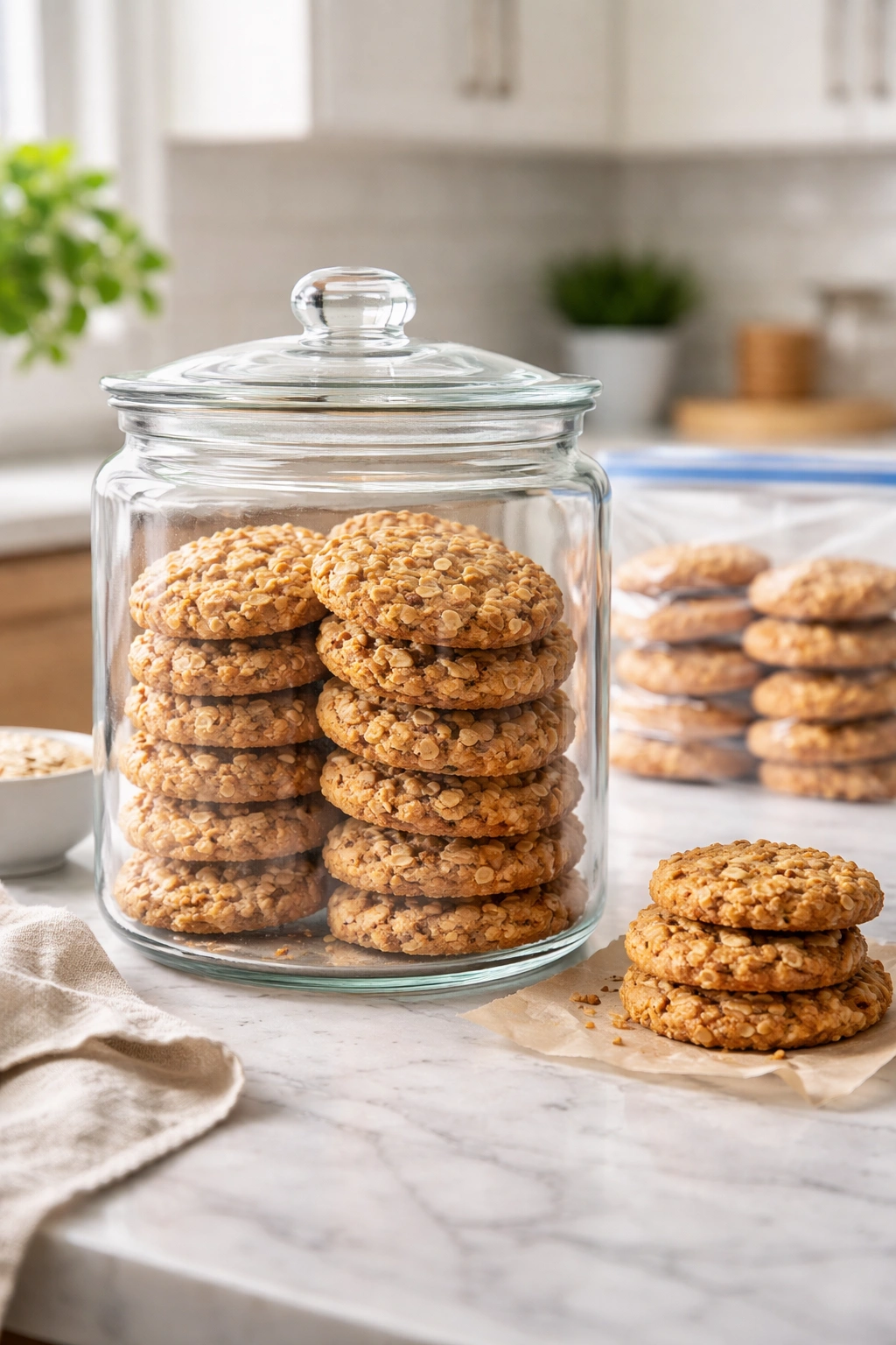 Airtight glass canister with oatmeal cookies for storage and make-ahead tips