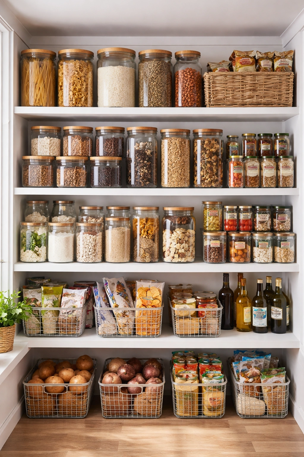 Neatly organized pantry with clear containers by category