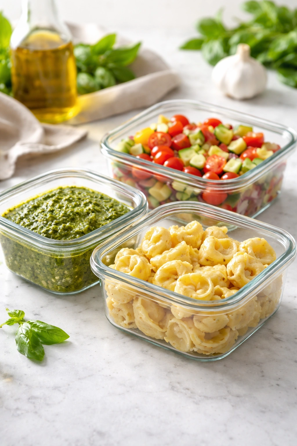 A set of airtight glass containers with pesto and tortellini