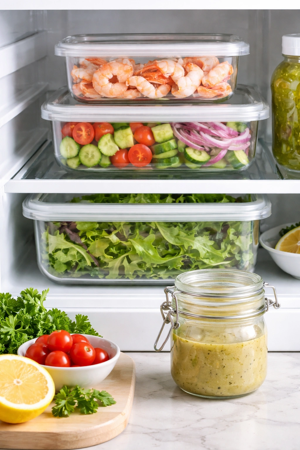 Organized storage for salad components in airtight containers