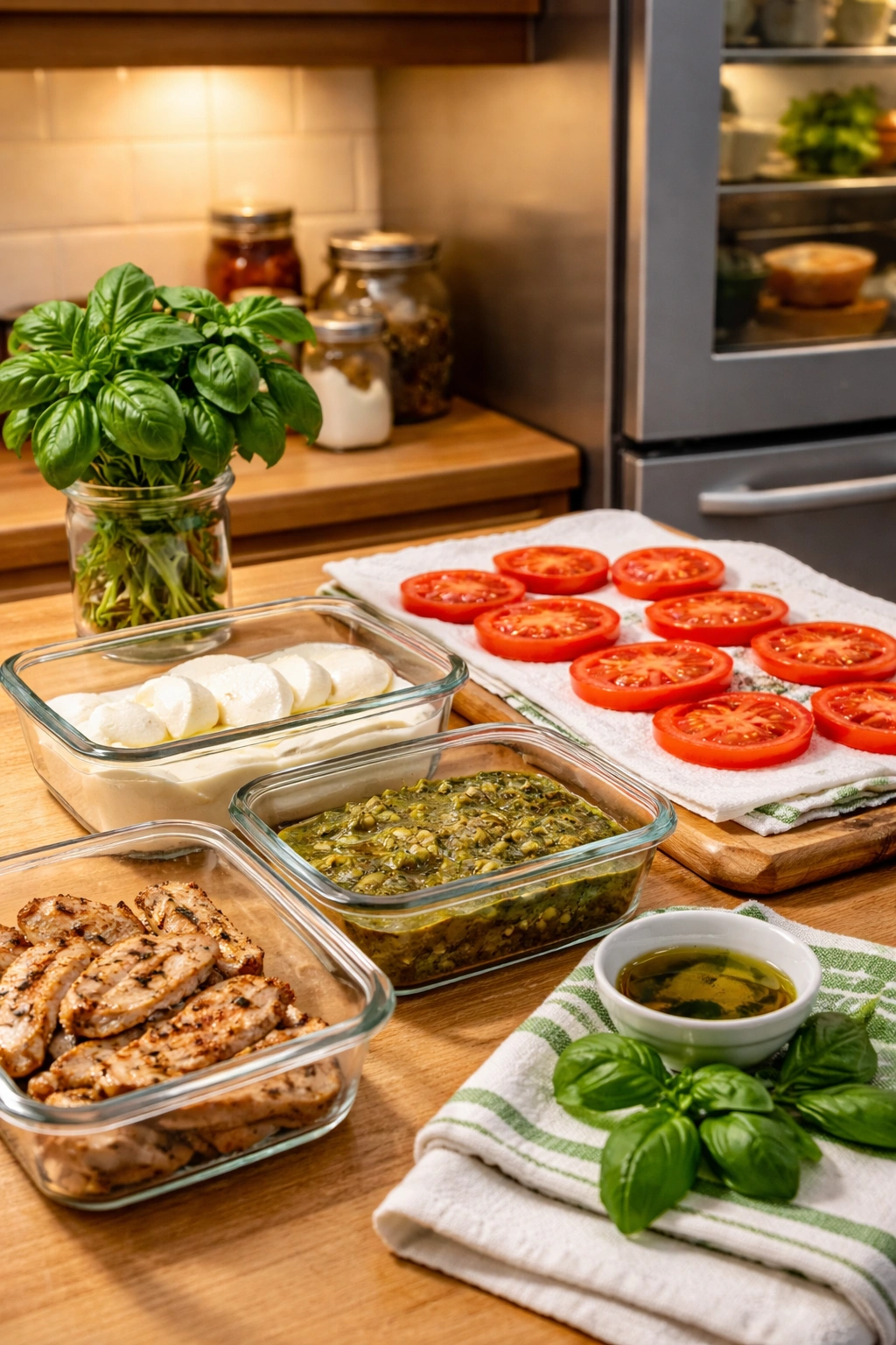 Organized storage scene with prepped chicken, tomato slices, and basil ready for panini