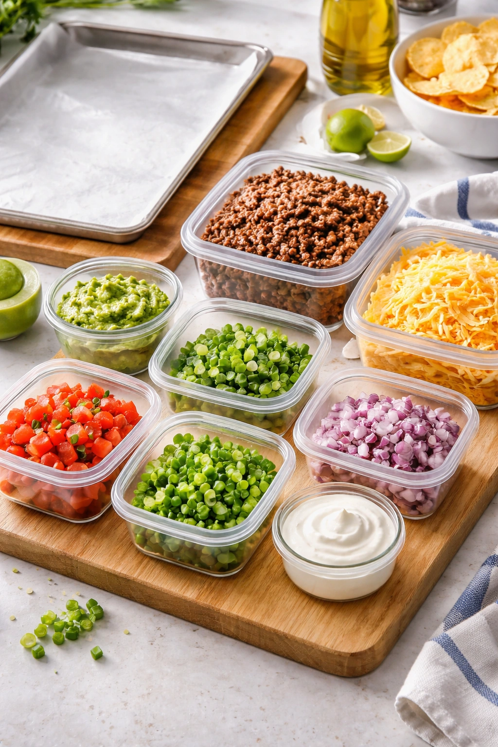 Prep area with airtight containers and prepped ingredients for make-ahead nachos