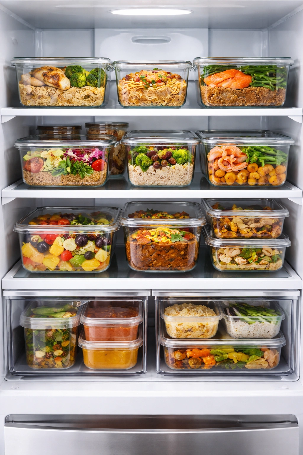 Fridge shelves with glass containers of prepped meals under blue light