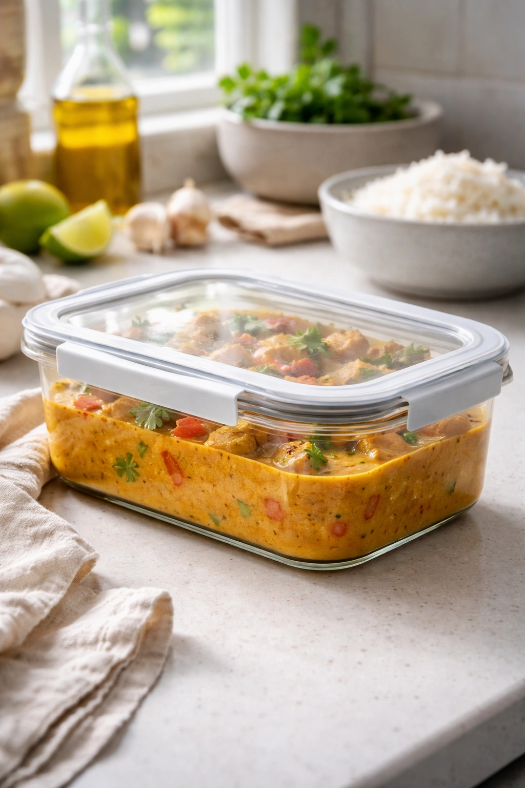 Airtight container of curry stored on a kitchen counter for make-ahead