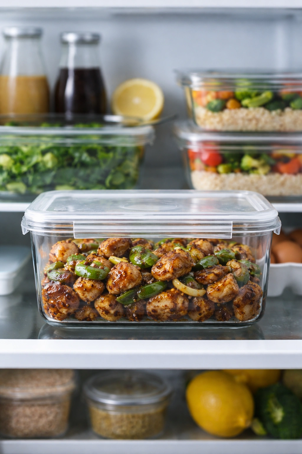 Glass container with cooled black pepper chicken in the fridge for storage