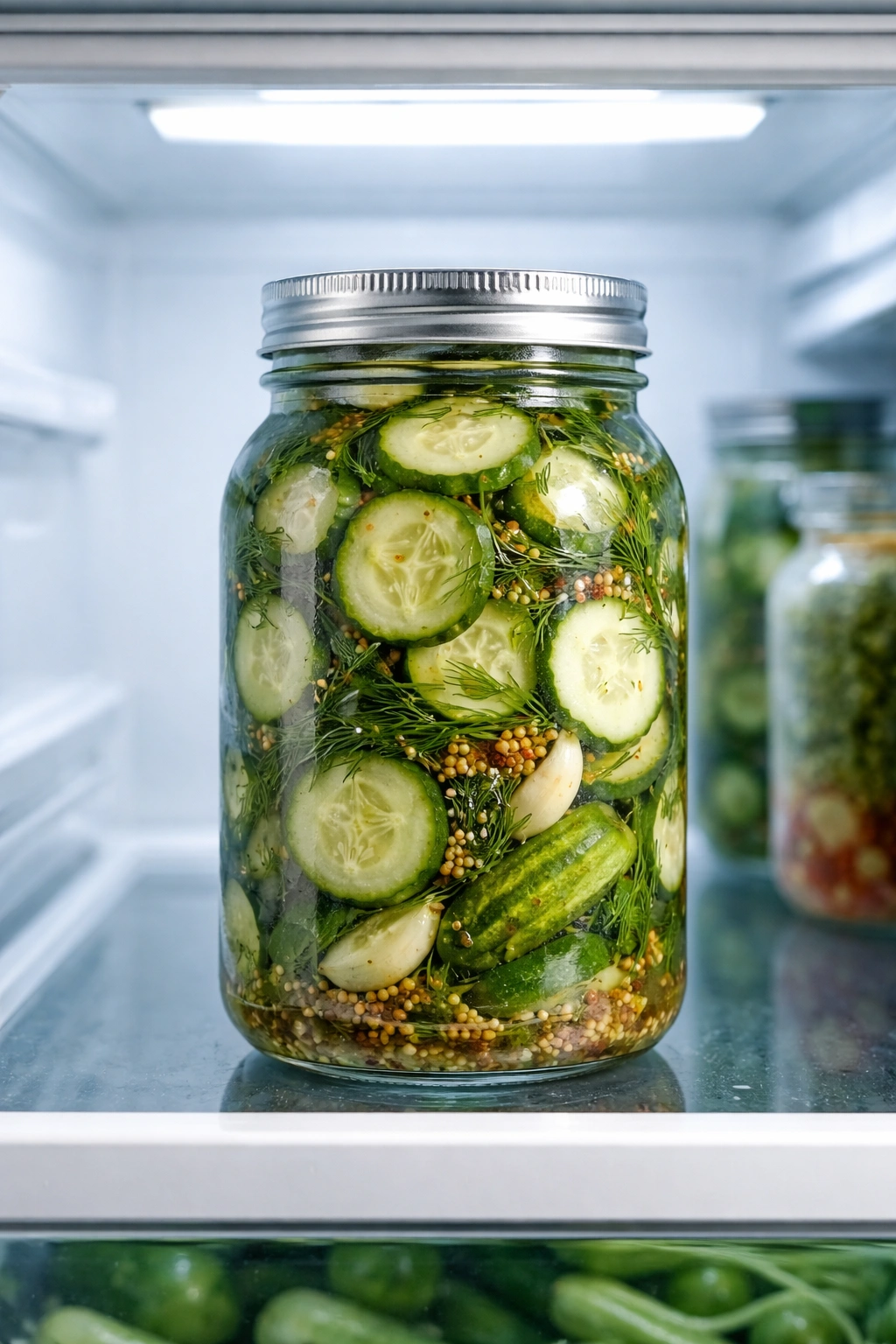 Jar of pickles in a refrigerator emphasizing storage and make-ahead