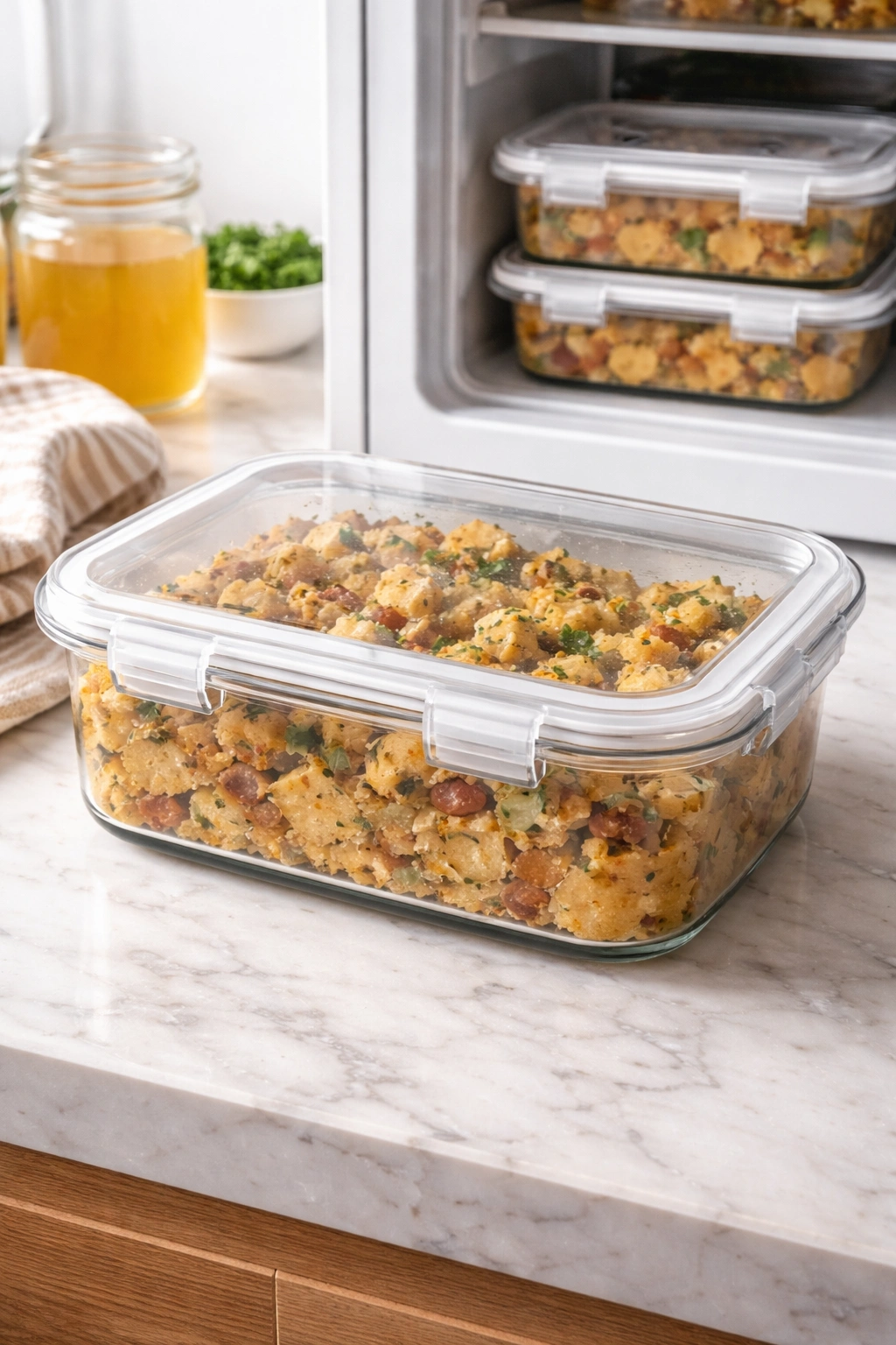 Airtight container of cornbread stuffing ready for refrigeration or freezing