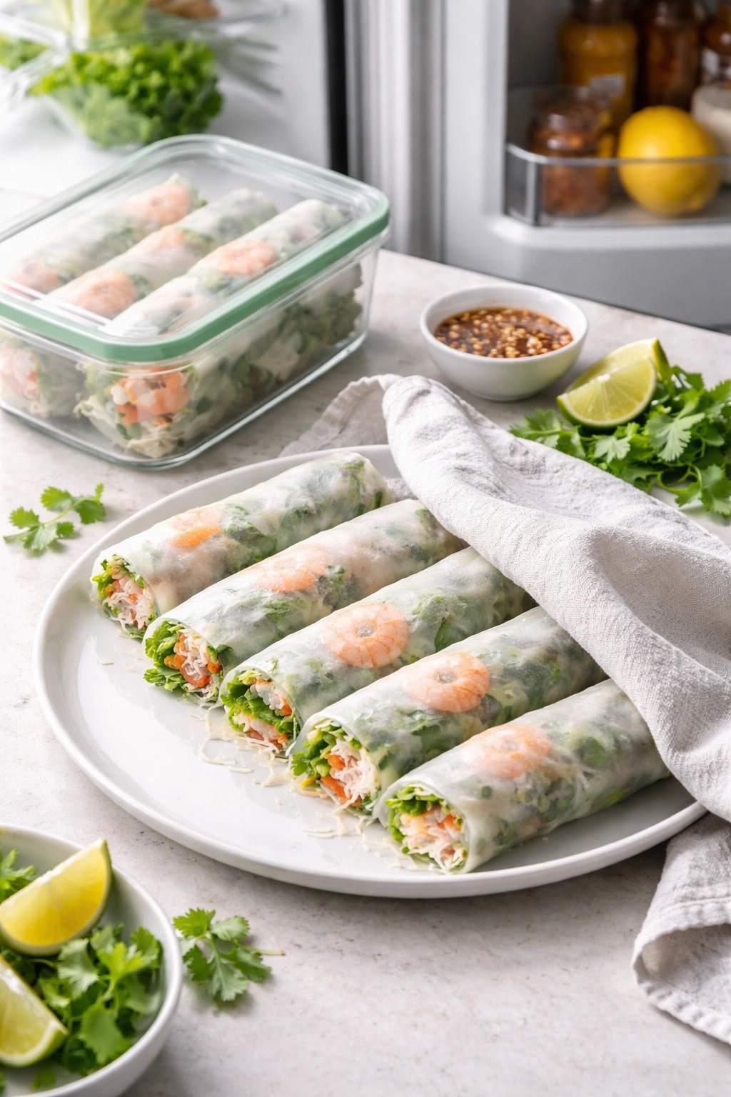 Spring rolls stored under a damp cloth ready for make-ahead