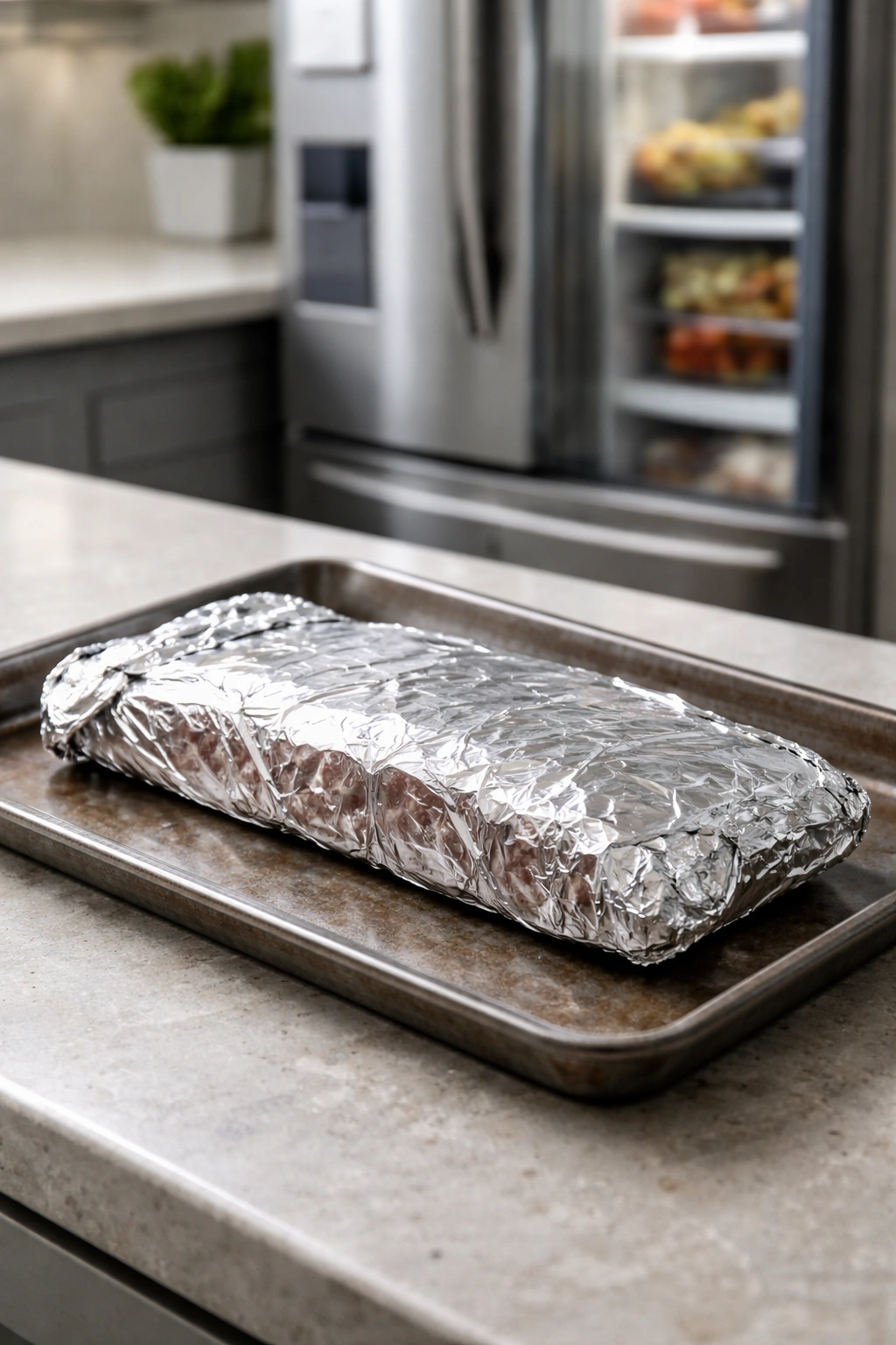 Foil-wrapped ribs on a baking sheet ready for storage