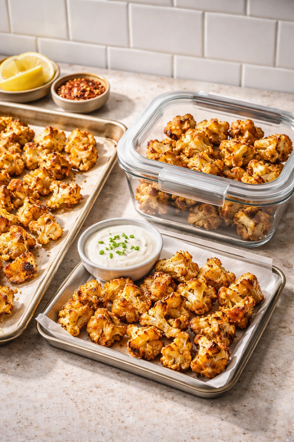 Crispy cauliflower bites stored for reheating