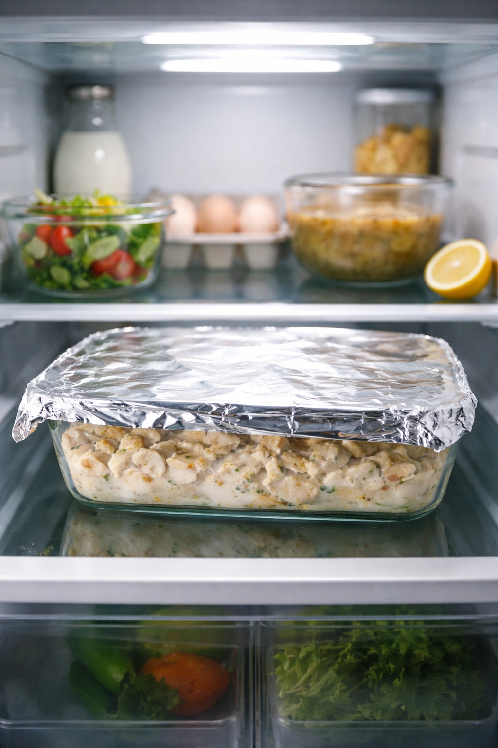 Casserole stored in a refrigerator ready to reheat