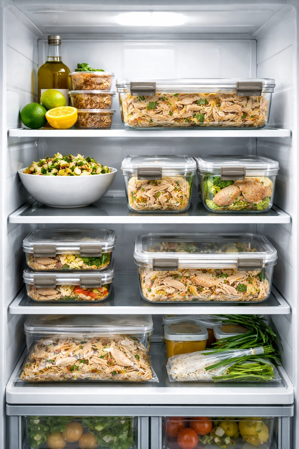 Cooked slow cooker chicken stored in airtight fridge containers