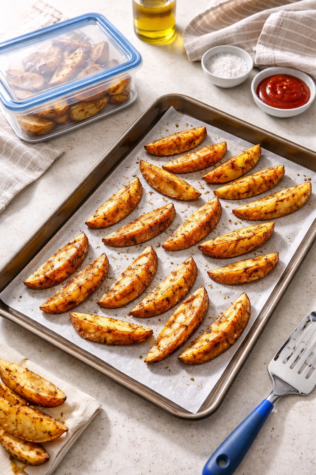 Baking sheet with potato wedges arranged for reheating