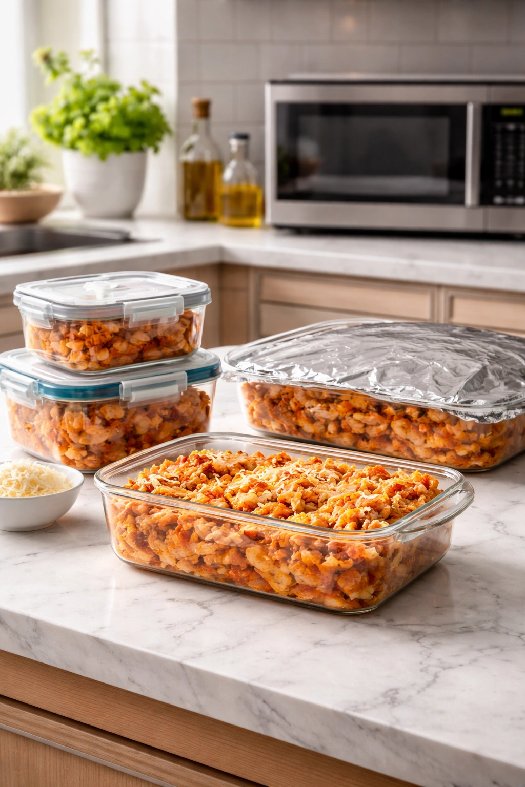 Casserole dish cooling beside airtight pasta containers and a microwave in a bright kitchen