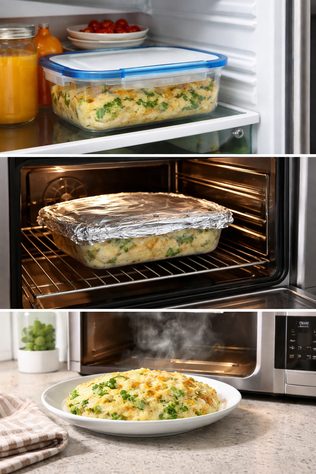 Casserole leftovers stored in fridge and reheated using oven and microwave, showing storage and reheating methods