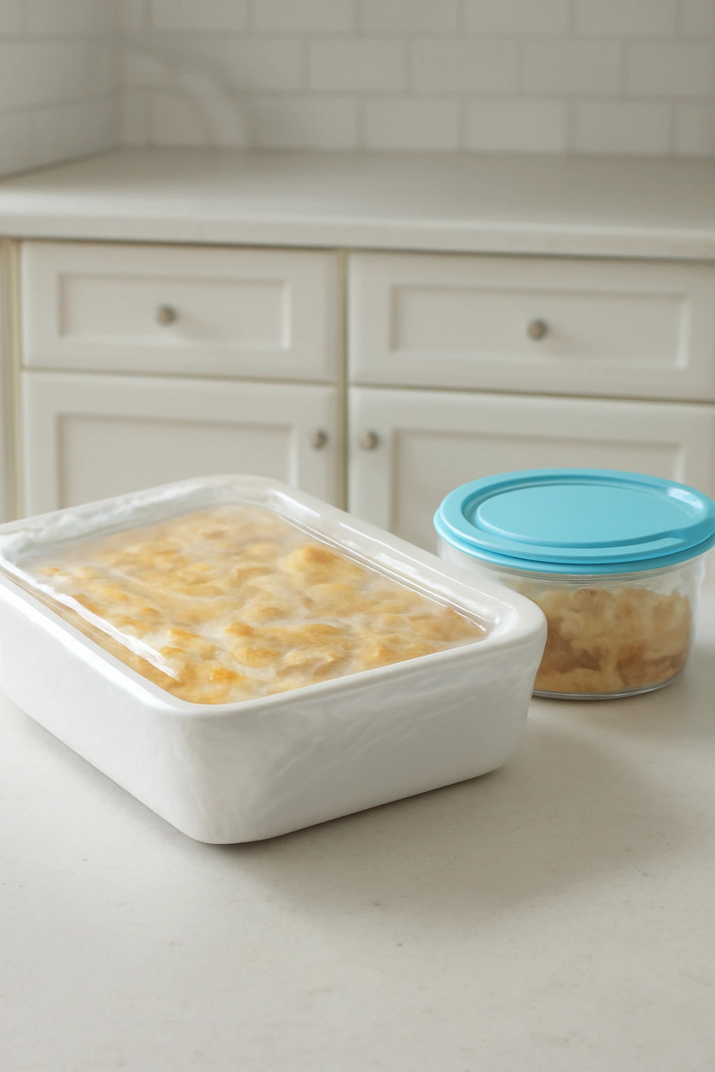 Wrapped casserole for storage and reheating on a kitchen counter
