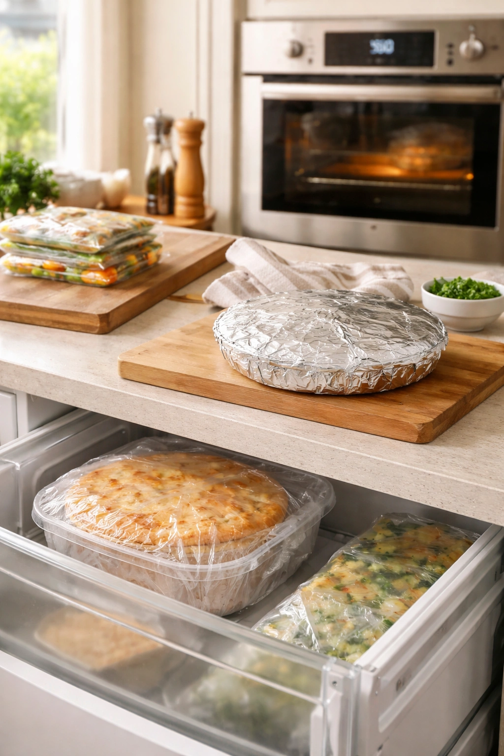 Wrapped pie in fridge and foil-wrapped pie on counter with oven in background