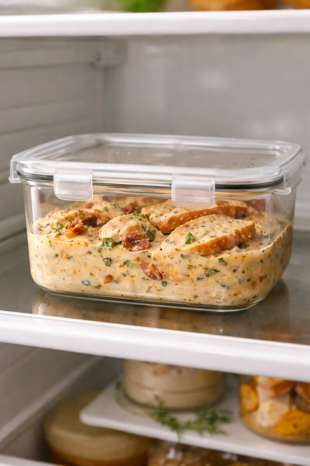 Glass storage container with marry me chicken and sauce in a refrigerator