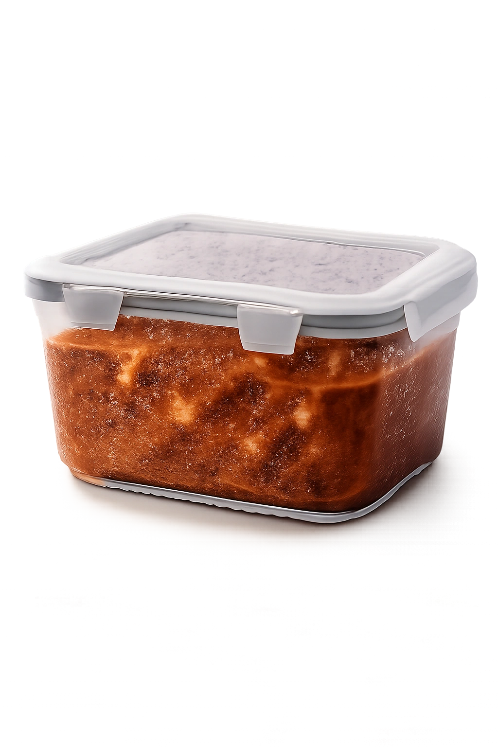 Airtight storage container with chili on a kitchen counter