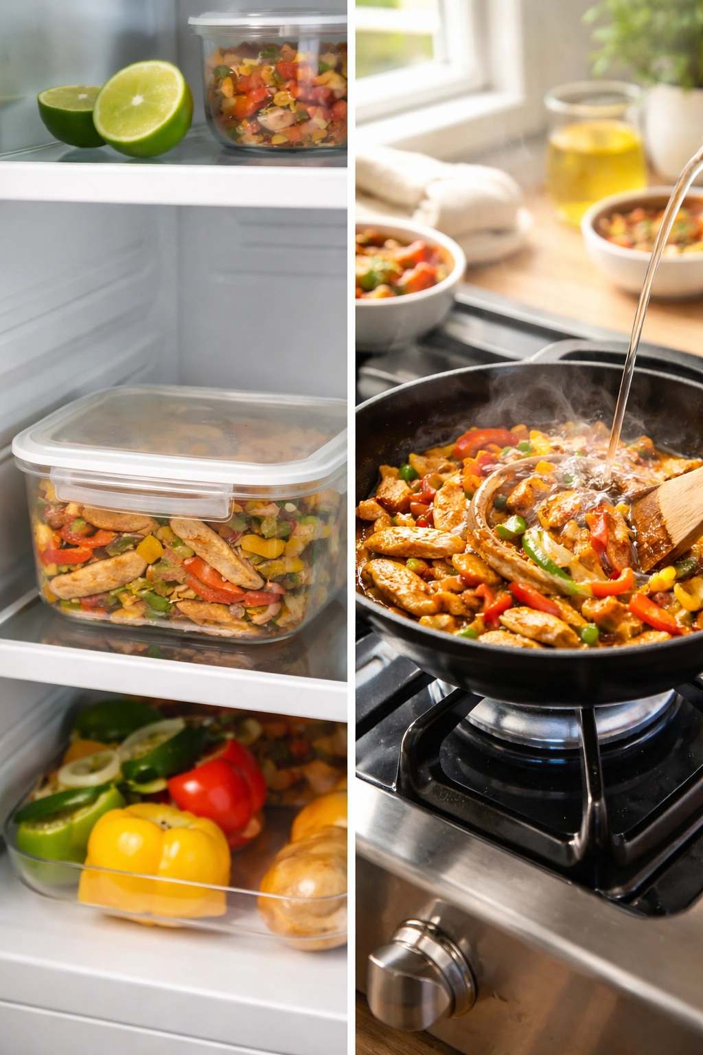 Chilled fajita mix in glass container and reheating skillet