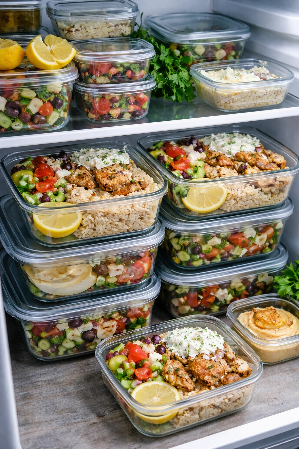 A row of airtight containers with separated components for storage and reheating